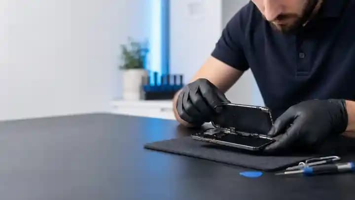 Techniker bei einer sorgfältigen Handy Reparatur